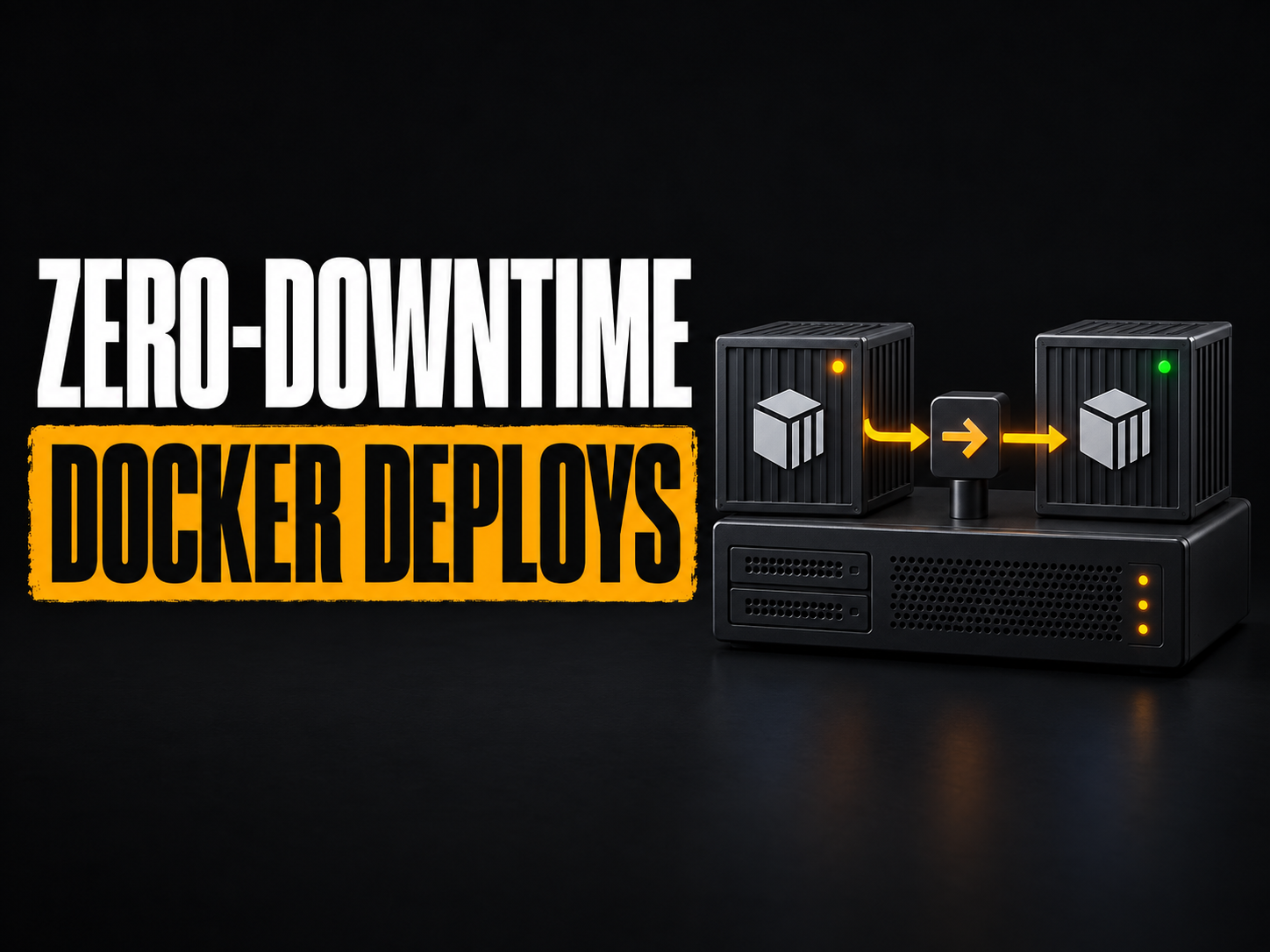 Two application containers hand traffic from an incumbent to a healthy candidate during a zero-downtime Docker Compose deployment.